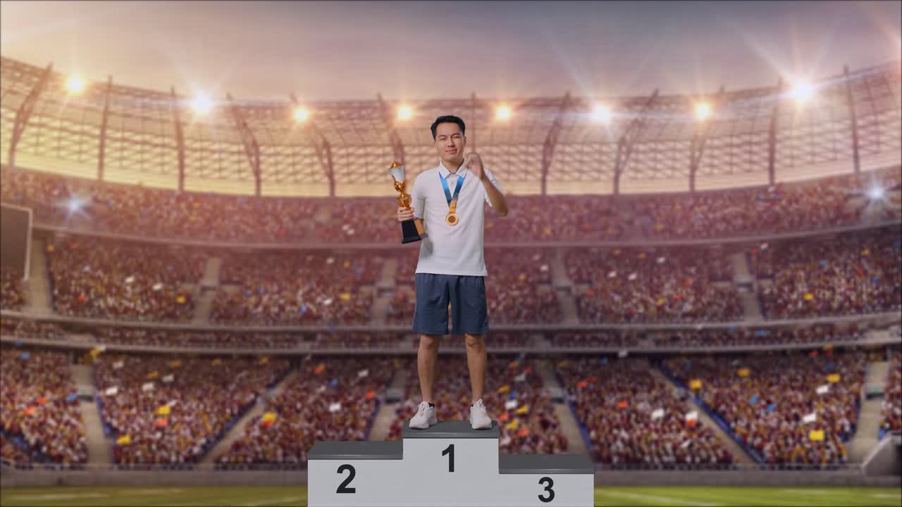 hombre ganando un trofeo en un podio en un estadio
