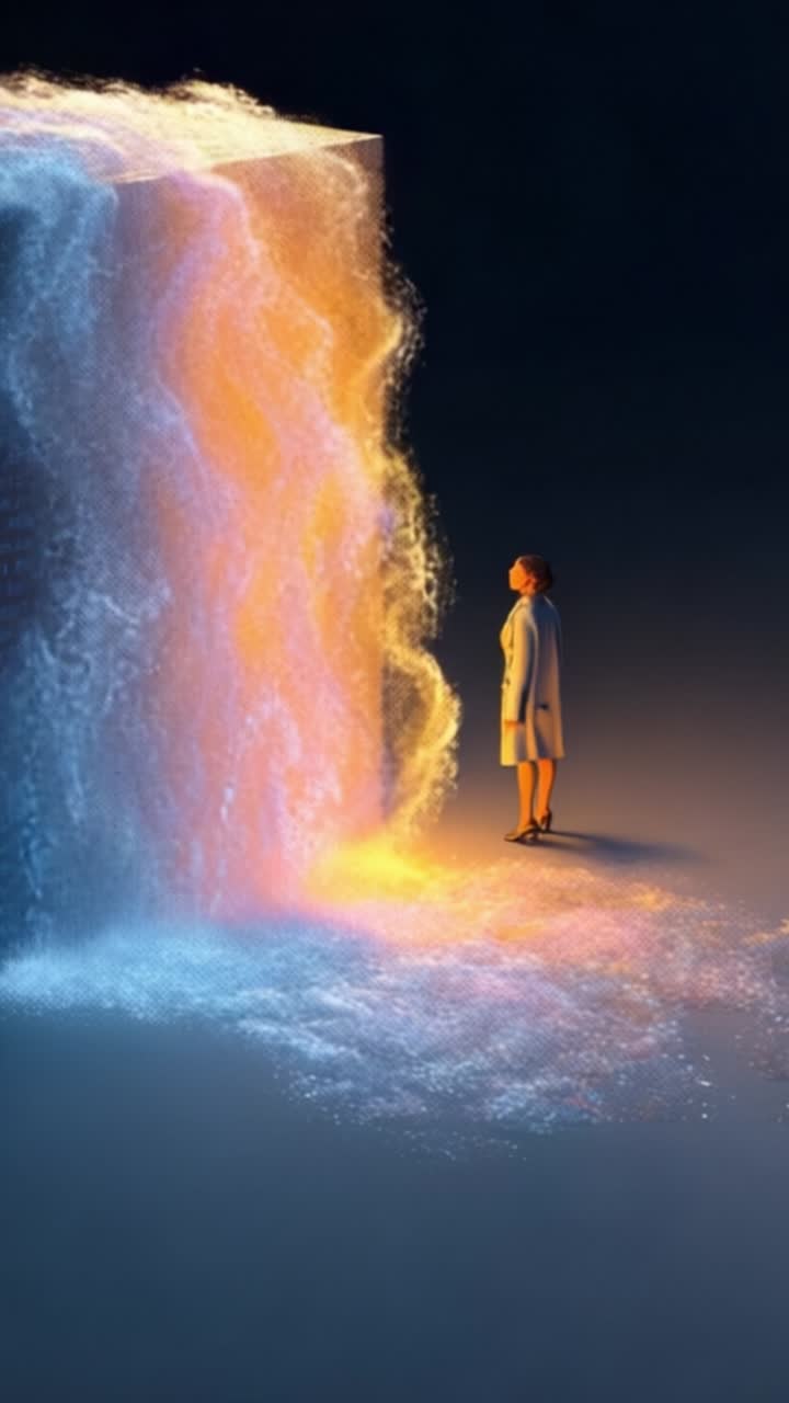 A Woman's Reflection on the Edge of a Colorful Digital Waterfall, Enveloped in Stunning Light and Fluidity, Capturing a Moment of Wonder and Contemplation