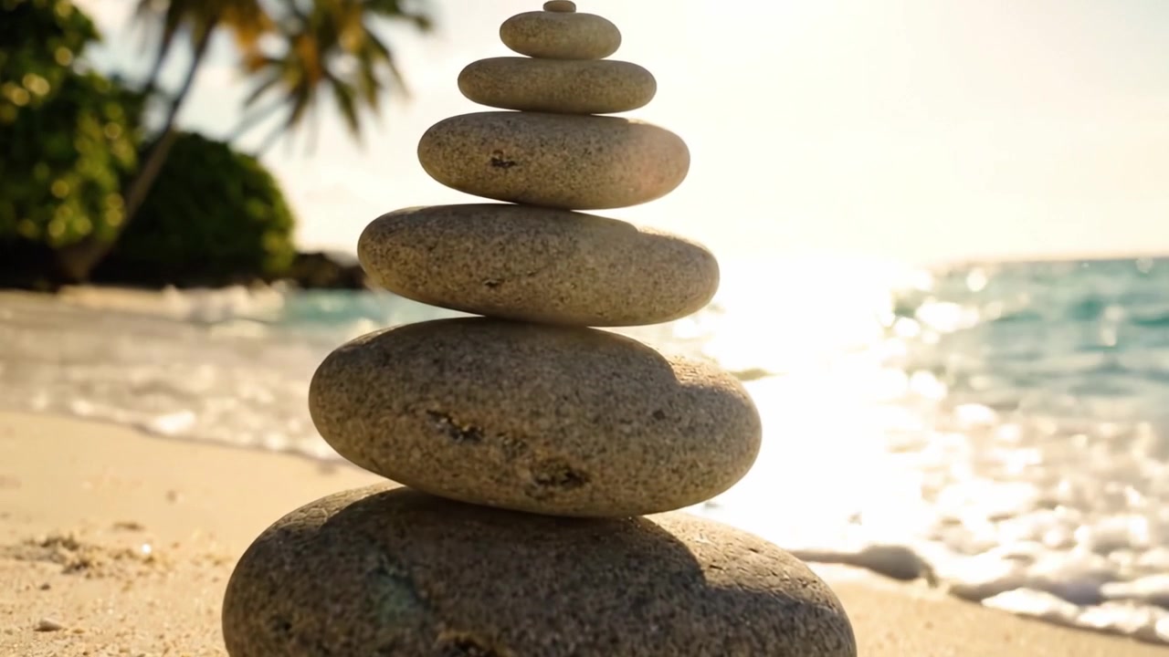 Una Serena Scena da Spiaggia: Pietre in Equilibrio che Si Ergono Elegantemente su uno Sfondo di Onde Morbide e Luce Solare Delicata, Evocando Calma e Tranquillità