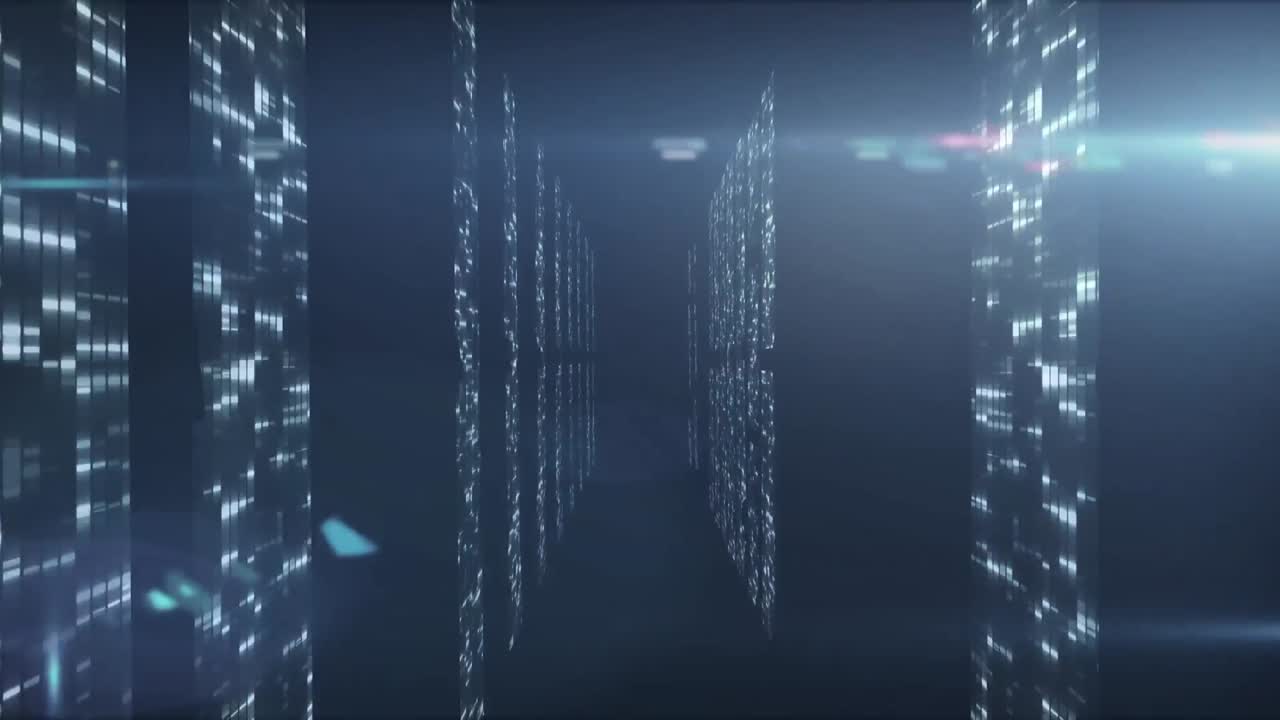 Animation of data processing and digital information with servers and light flashs on black backgrou