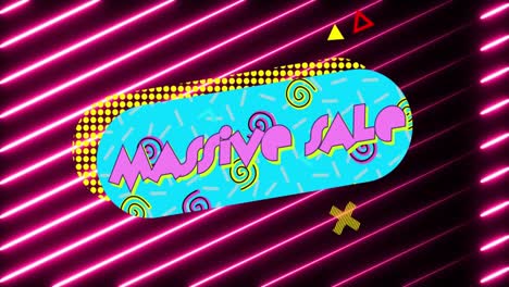 animation of massive sale text banner over neon pink light trails in seamless pattern