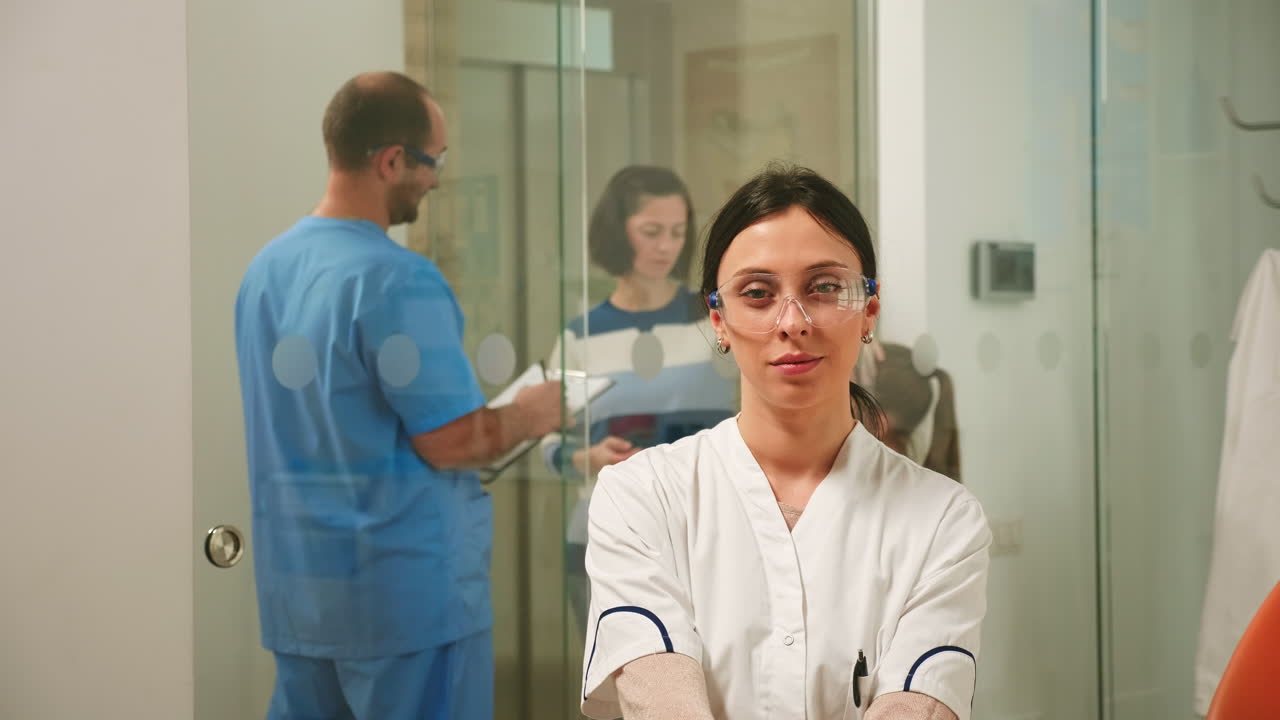 Dentista pediatrico che guarda la fotocamera sorridendo