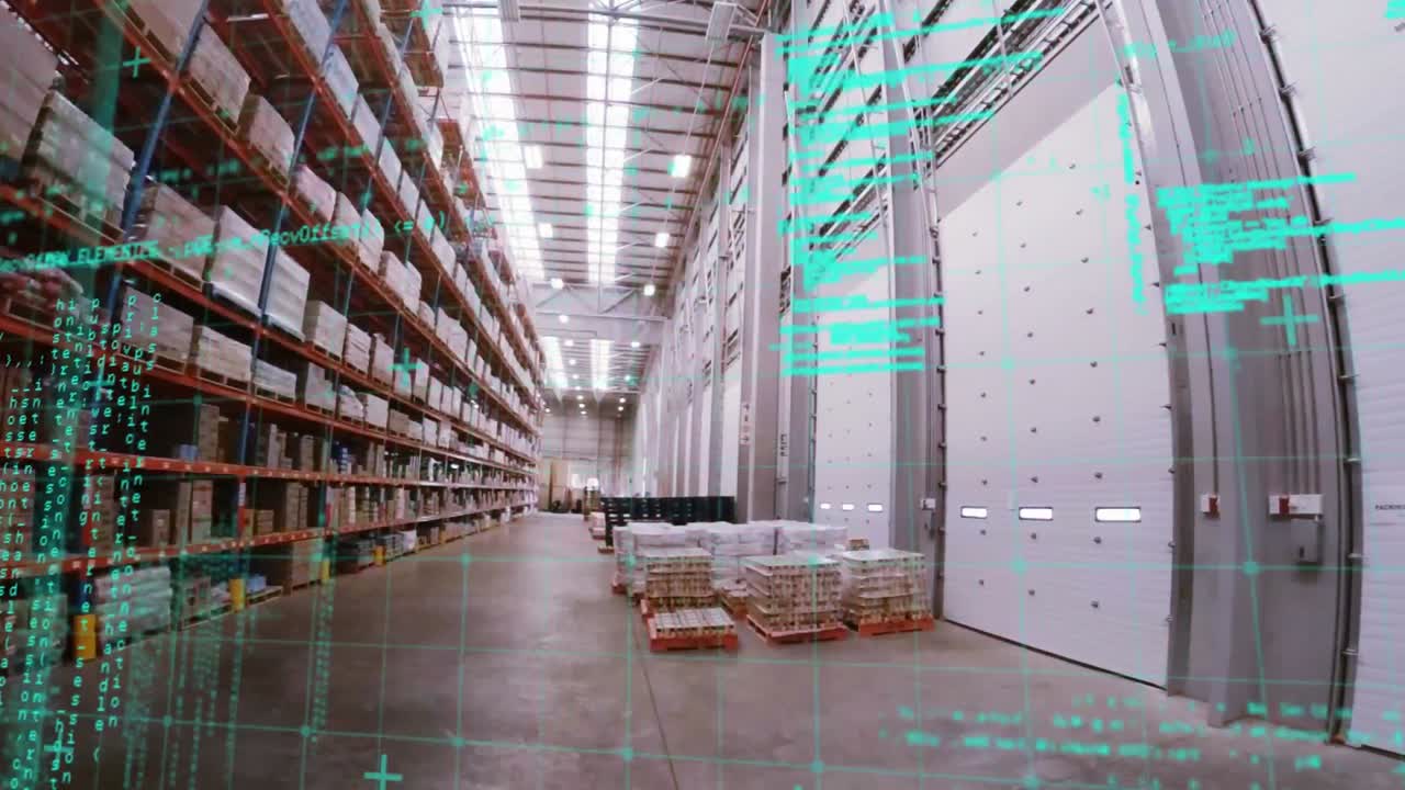 animación del procesamiento de datos en un almacén vacío