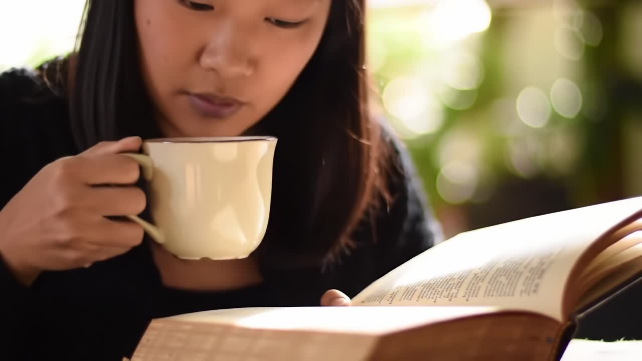A Reflective Moment: A Woman Slowly Turning Pages of a Book While Enjoying a Cup of Coffee, Immersed in Thought and Serene Ambiance, Capturing the Essence of Quiet Reading Time