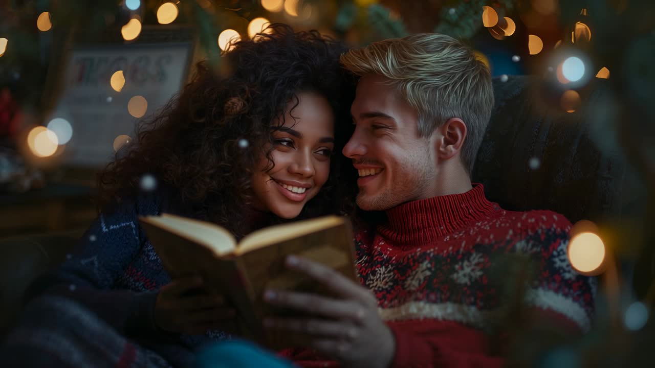 Couple settling on sofa wearing sweaters opening hardcover book with fairy lights sharing intimacy