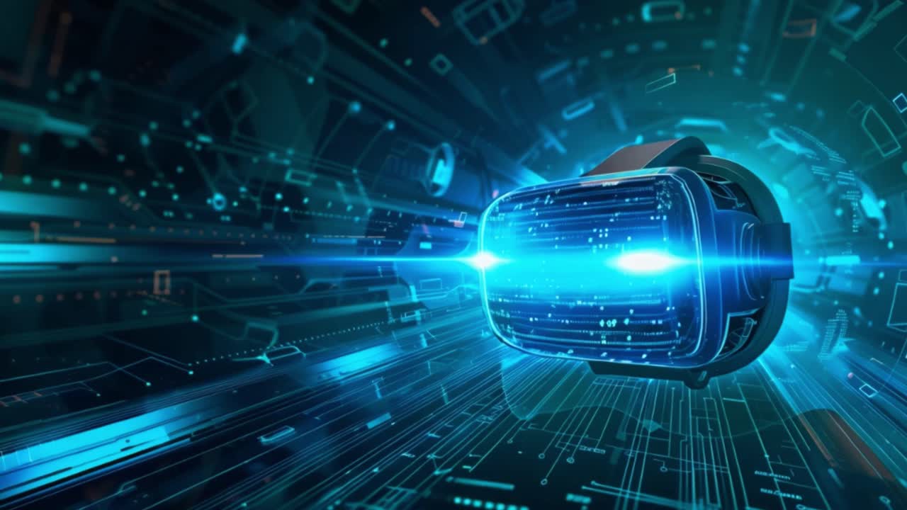 Futuristic Virtual Reality Headset in a Digital Cyber Tunnel