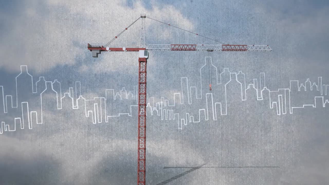 boceto del paisaje urbano sobre una grúa de construcción alta contra las nubes en el cielo azul