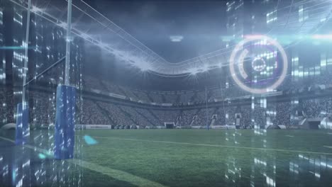 animation of lights on server with scanner processing data over grass pitch at sports stadium