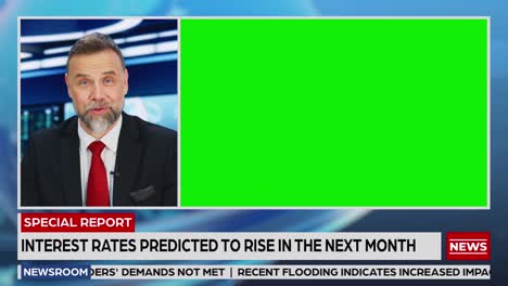 split screen tv news live report: anchor talks, reporting. reportage montage with picture in picture green screen. side by side chroma key display. television program channel playback. luma matte