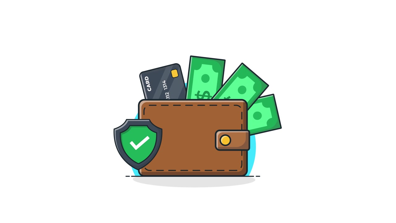 Animated Wallet with Money, Credit Card, and Security Shield
