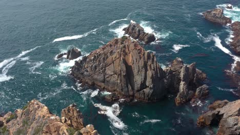 olas, pájaros y rocas en un hermoso mar azul, disparos de drones