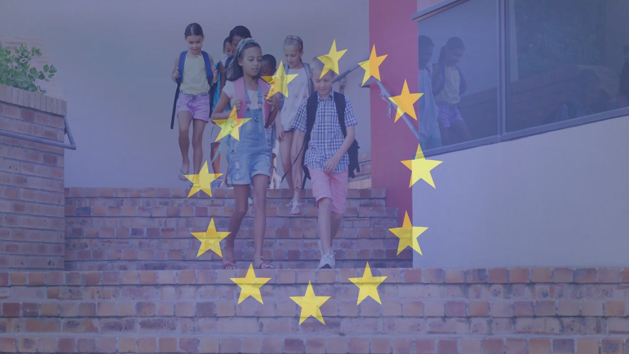 School bell ringing kids descending steps with gold star overlay showing backpacks heading to class