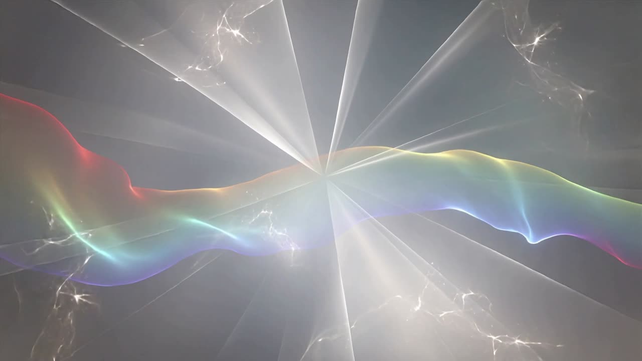 Pulsing duotone ribbon and core flare emitting radial beams tendrils in gray field from core glow