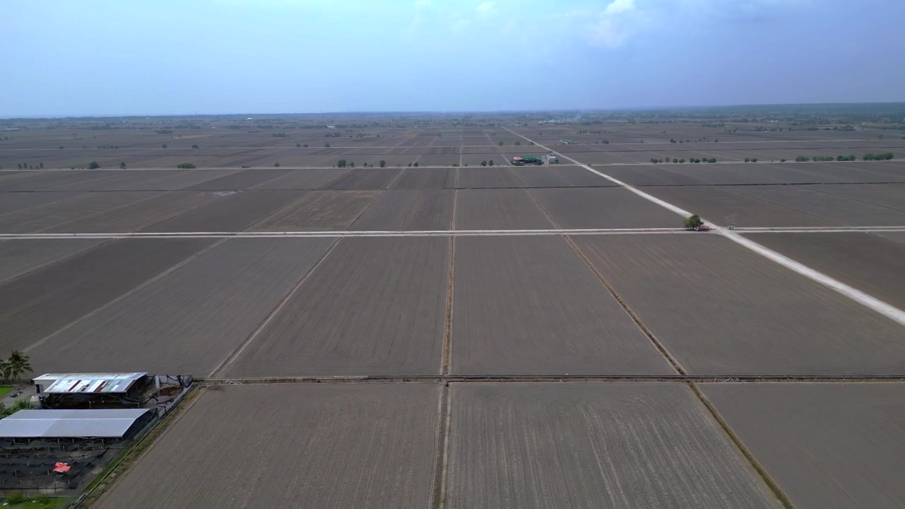 Pemandangan udara luas sawah Sekinchan menampilkan petak-petak persegi panjang tandus, jalan setapak, dan bangunan di kejauhan, sedang dipersiapkan untuk budidaya. Panorama drone terbang mundur pemandangan udara yang megah