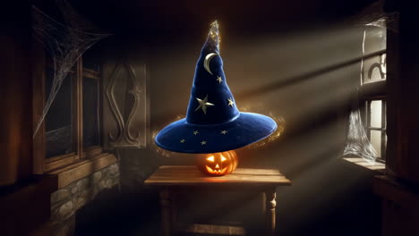 mystical halloween scene with floating wizard hat and glowing pumpkin