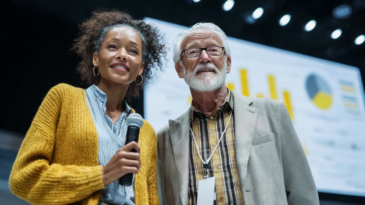 Interazione dinamica tra due oratori a una conferenza, che mette in evidenza il coinvolgimento e lo scambio di idee con una presentazione di dati visivi sullo sfondo, a dimostrazione di una comunicazione e collaborazione efficaci