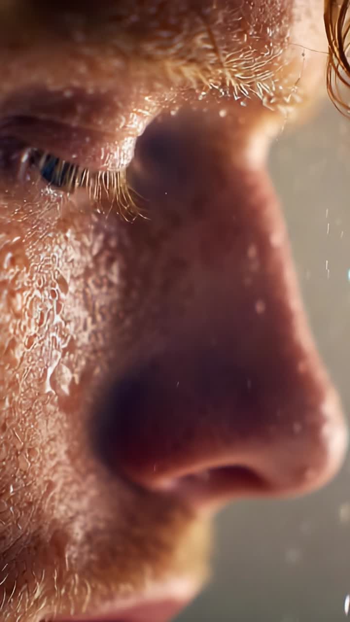 A Close-Up Reflection on Emotions: Capturing the Intensity of Human Expression Through Water Drops on a Face in a Profound Moment of Contemplation and Clarity