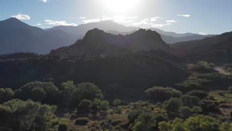 garden of the gods, colorado sunset aerial drone rising shot