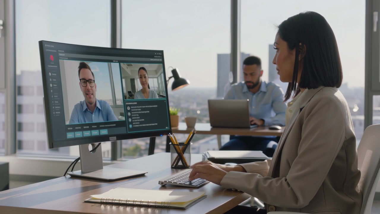 Replying to remote call, woman in beige blazer typing at office desk, curved monitor, copy space