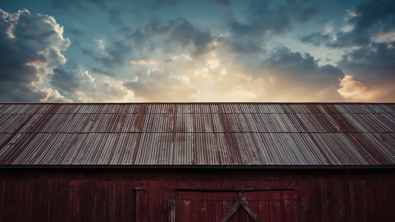 Drifting cloud formations during sunrise backlighting, sun rays lighting red barn tin roof at farm