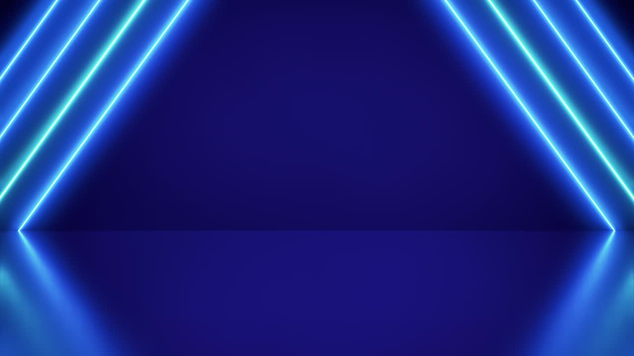 네온 배경은 추상적인 파란색과 분홍색으로 밝은 모양의 선 대각선으로 다채롭고 반사적인 바닥에 있습니다.