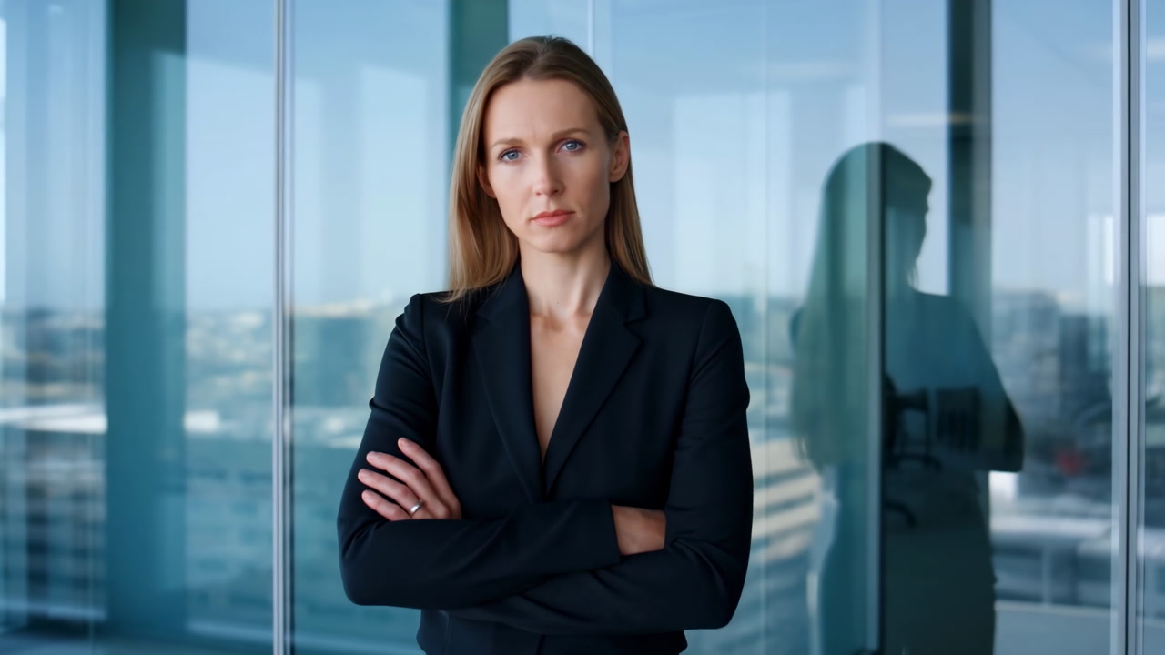 Caucasian Leader Standing With Arms Crossed, Stern Expression Against Glass Wall And City Skyline, Tailored
