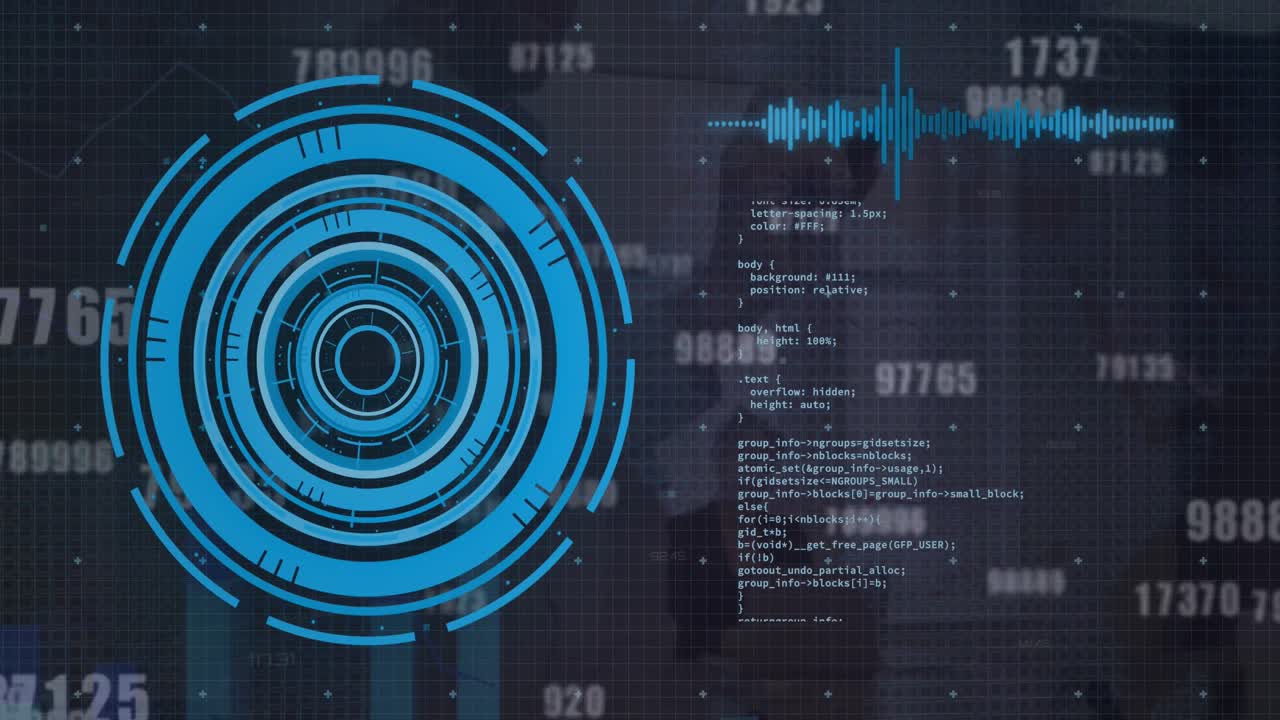 animación de escáner redondo y cambios de números contra el hombre de negocios escribiendo en la pizarra