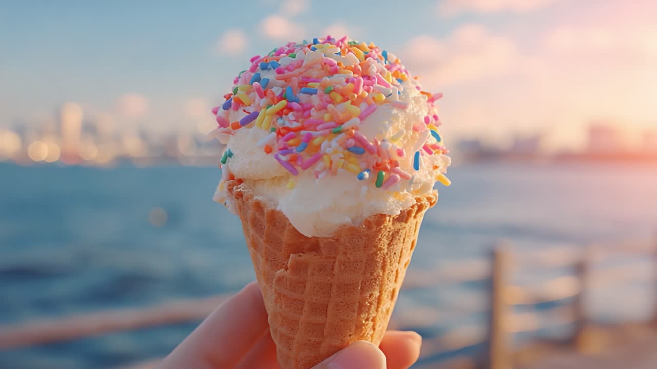 Een heerlijke close-up van een kleurrijk ijshoorntje met hagelslag, perfect vastgelegd tegen een reflecterende waterkant achtergrond voor een verfrissende zomertraktatie.