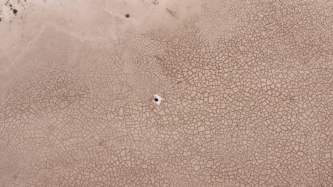 Lone-Man-Walking-Across-Dry-Desert-Land-During-Drought-Season---aerial-top-down