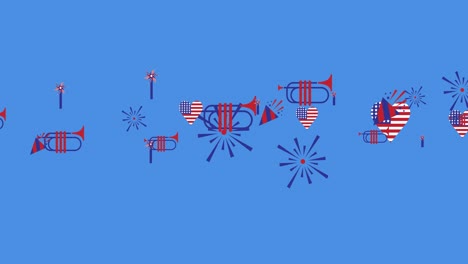 animation of american flags and independence day icons moving over blue background