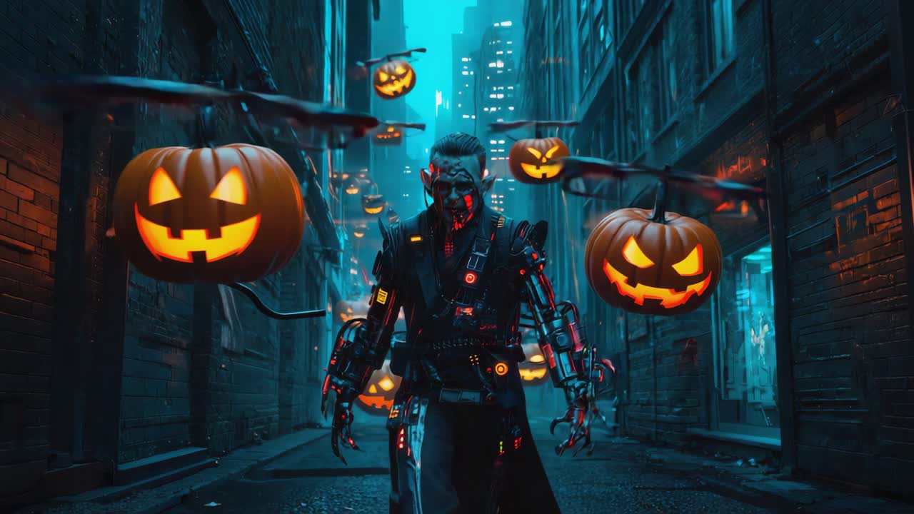 Cyber-Vampire in Halloween Alley with Floating Jack-o'-Lanterns