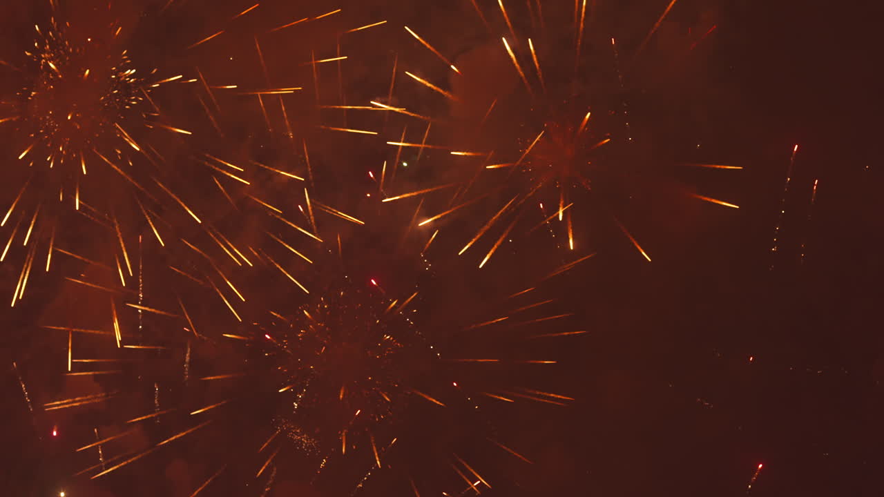 Golden and Red Fireworks Bursting in the Night Sky