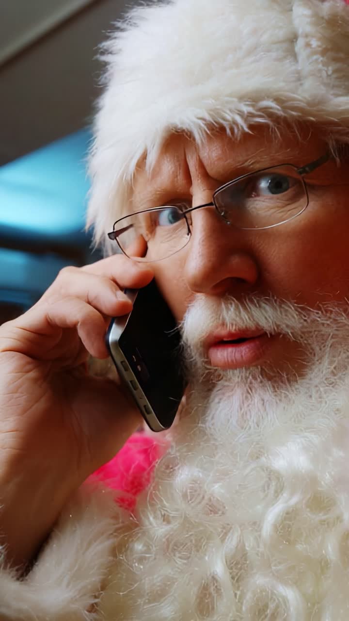 A Surprised Santa Claus on the Phone: Captivating Moments of a Holiday Icon Faced with an Unexpected Conversation Captured in Two Distinct Frames, Showcasing Emotion and Expression