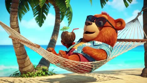A Relaxing Bear Enjoying a Tropical Getaway: Lounging in a Hammock with Sunglasses and a Coconut Drink under the Sun Amidst Palm Trees