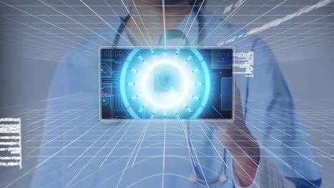 animation of data processing over caucasian male doctor with ribbon