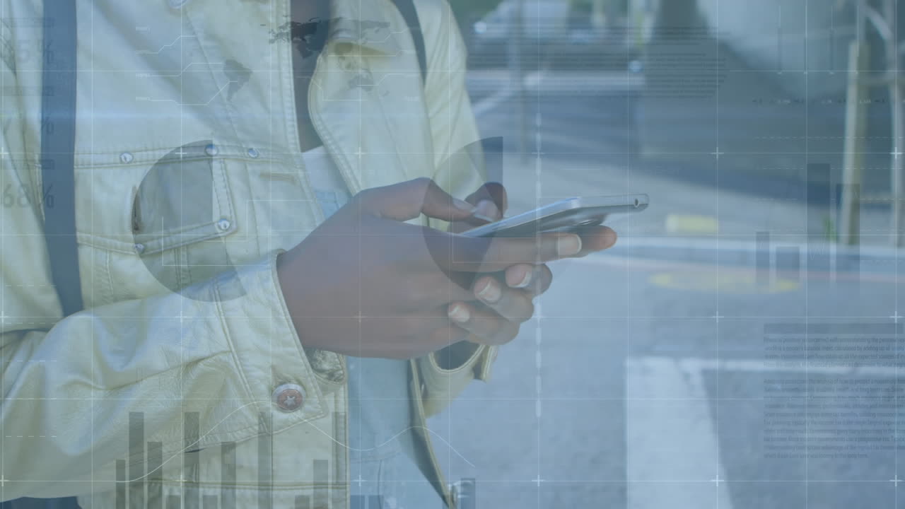 Animation of infographic interface over midsection of african american woman using cellphone