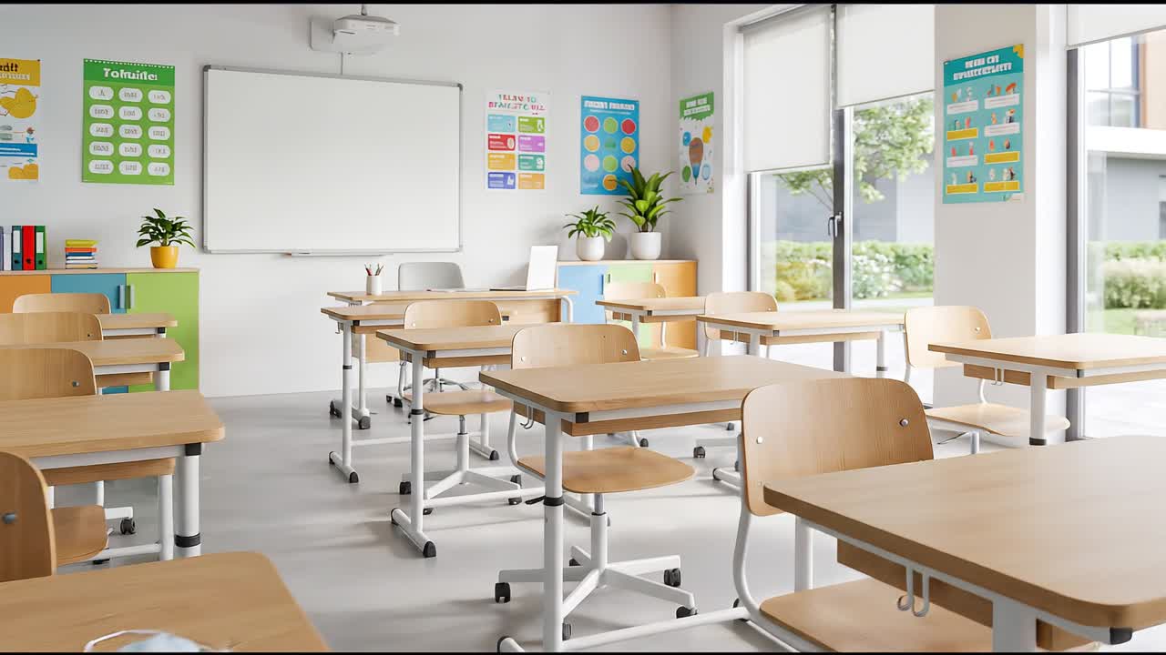 Aula organizzata con banchi, cancelleria e materiali didattici disposti ordinatamente in un ambiente accademico pulito.