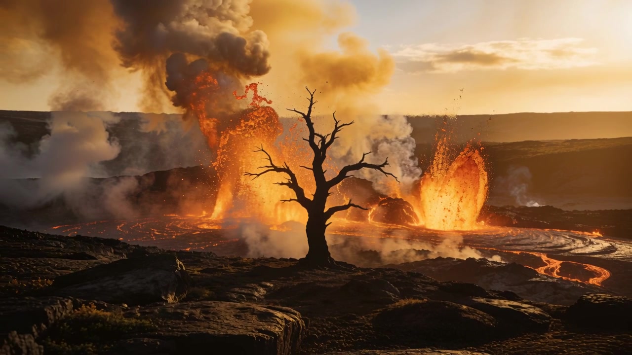 Telecamera salda su un albero morto mentre una fessura erutta, sputando lava e fumo sulla pianura.
