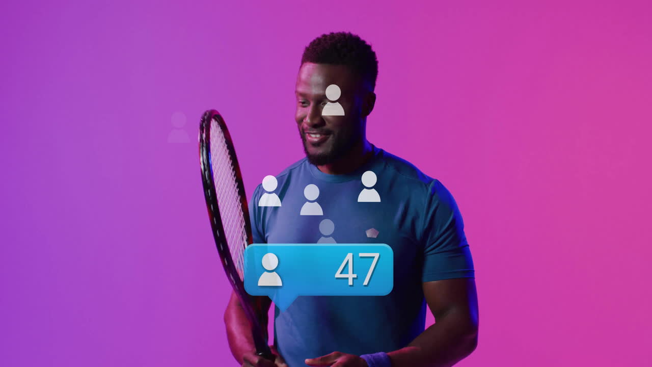 Holding tennis racket, man with animation of social media icons on purple background