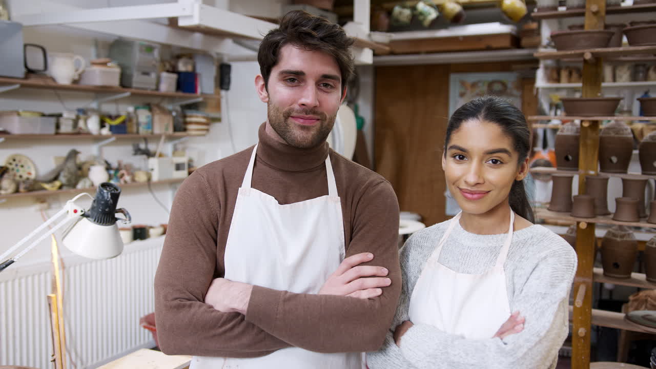 Portrait Of Young Couple Wearing Aprons Running Pottery And Ceramics Studio