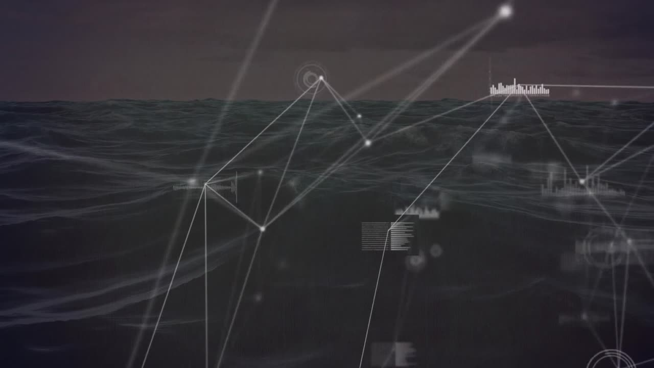 Griglia di nodi che emerge sul mare al crepuscolo, collegando punti, scansionando imbarcazioni e tracciando dati per il monitoraggio marittimo.