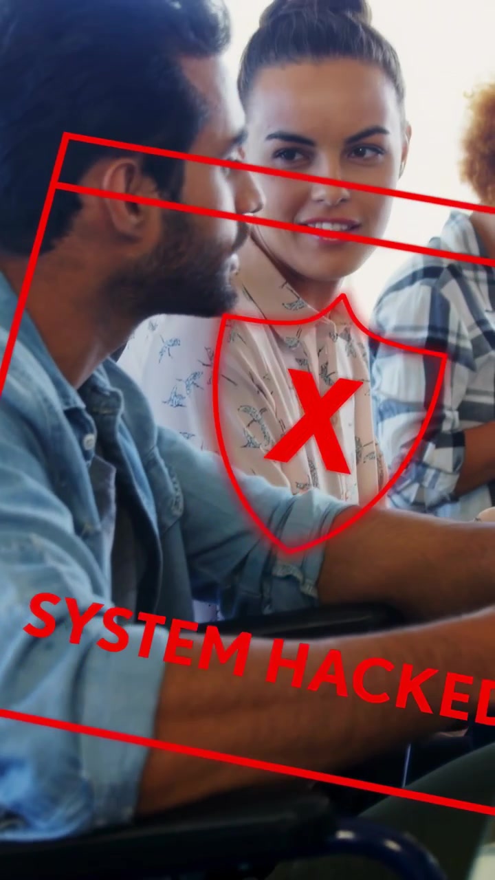 Vertical video: Team reacting to red SYSTEM HACKED overlay appearing, diagnosing security breach