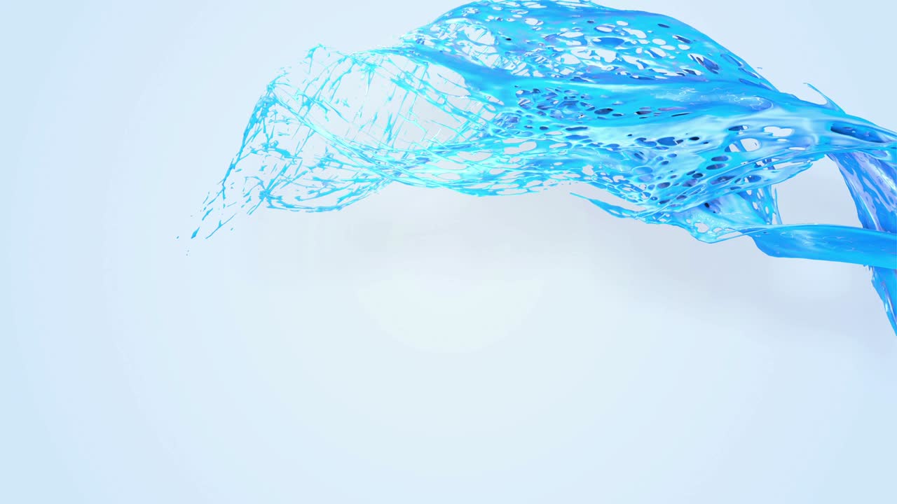 4k 블루 스플래쉬는 카메라를 느린 동작으로 지나가며, 액체 아래의 배경을 간단하게 대체하기 위해 알파 채널로 루마 매트를 가진 3d 애니메이션.