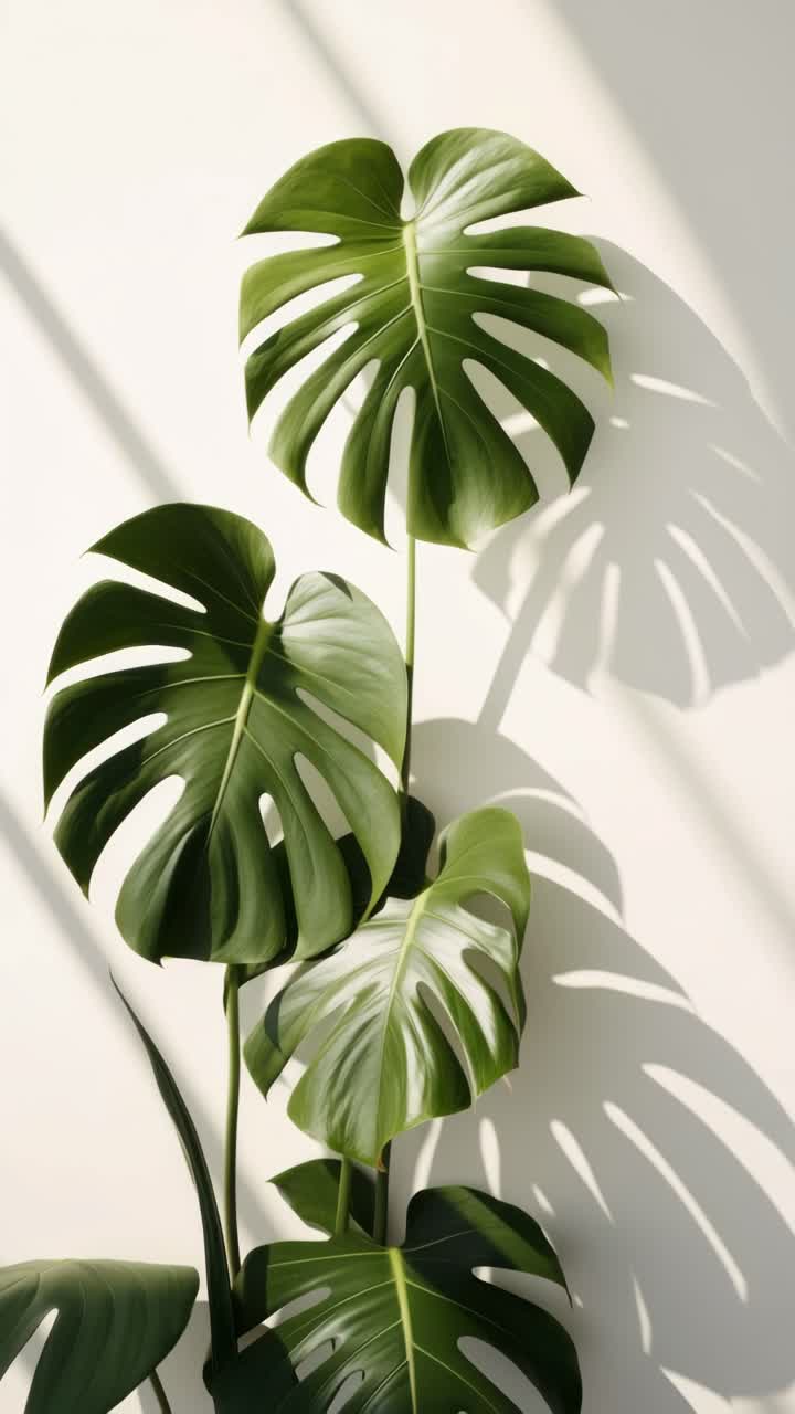 Minimalist video concept featuring Monstera leaves casting shadows on a white wall