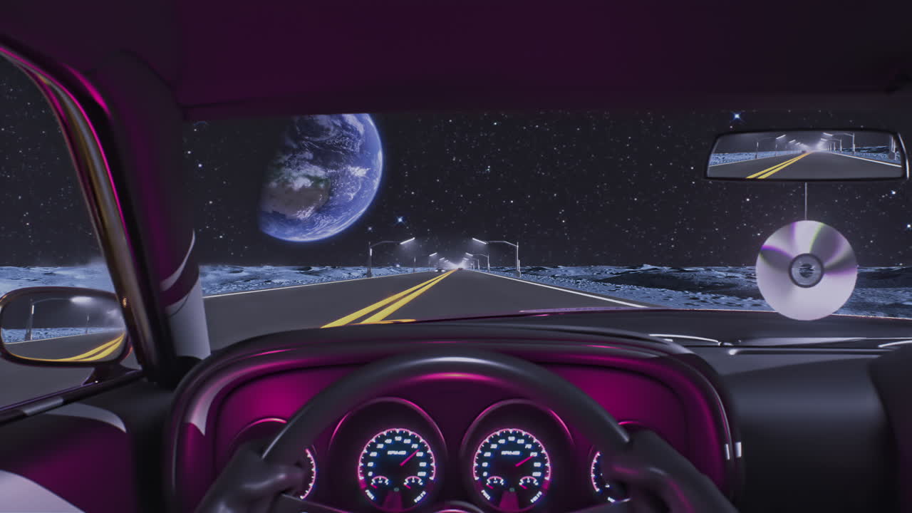 Vista dall'interno di un'auto sull'autostrada della luna che si affaccia sullo spazio esterno con il pianeta Terra.