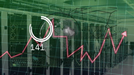 rising graph and data processing animation over server room background