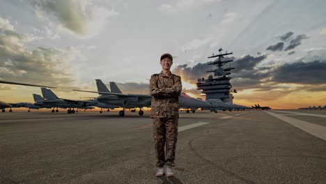 full body of asian man soldier smiling and crossing his arms while standing on aircraft carrier