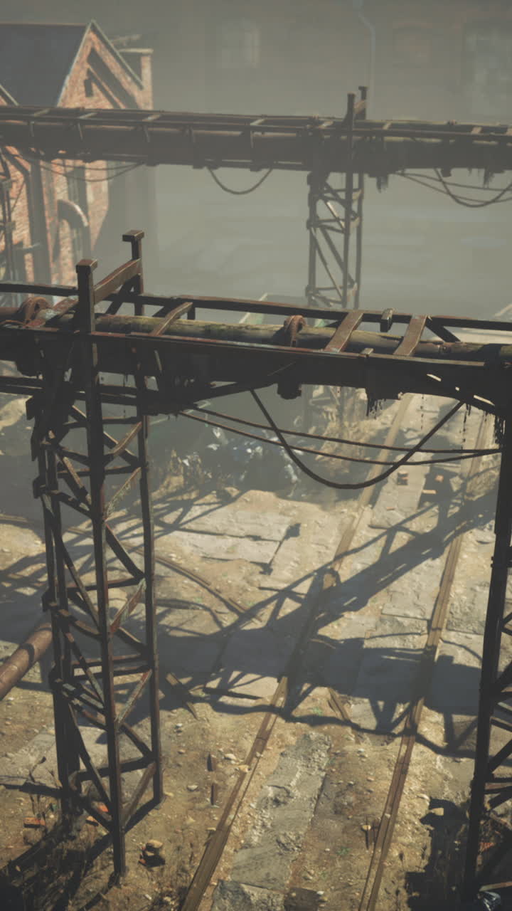 버려진 열차 트랙 위에 있는 녹슬은 산업 파이프