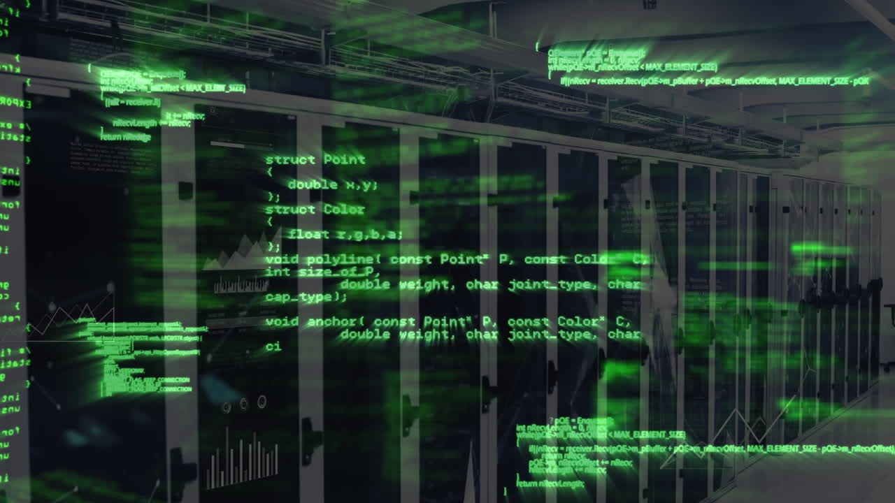 Animation of computer language over graphs against server room in background