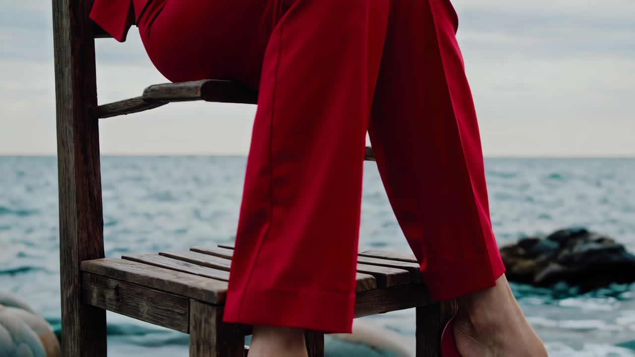 Woman in a Red Suit on a Rocky Beach by the Sea